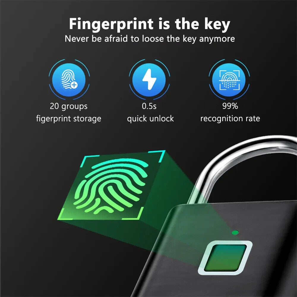 Smart Fingerprint Padlock USB Rechargeable Lock for Door Bag Suitcase Security