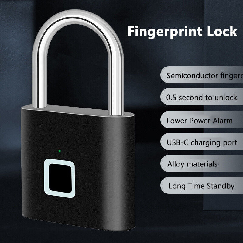 Smart Fingerprint Padlock USB Rechargeable Lock for Door Bag Suitcase Security
